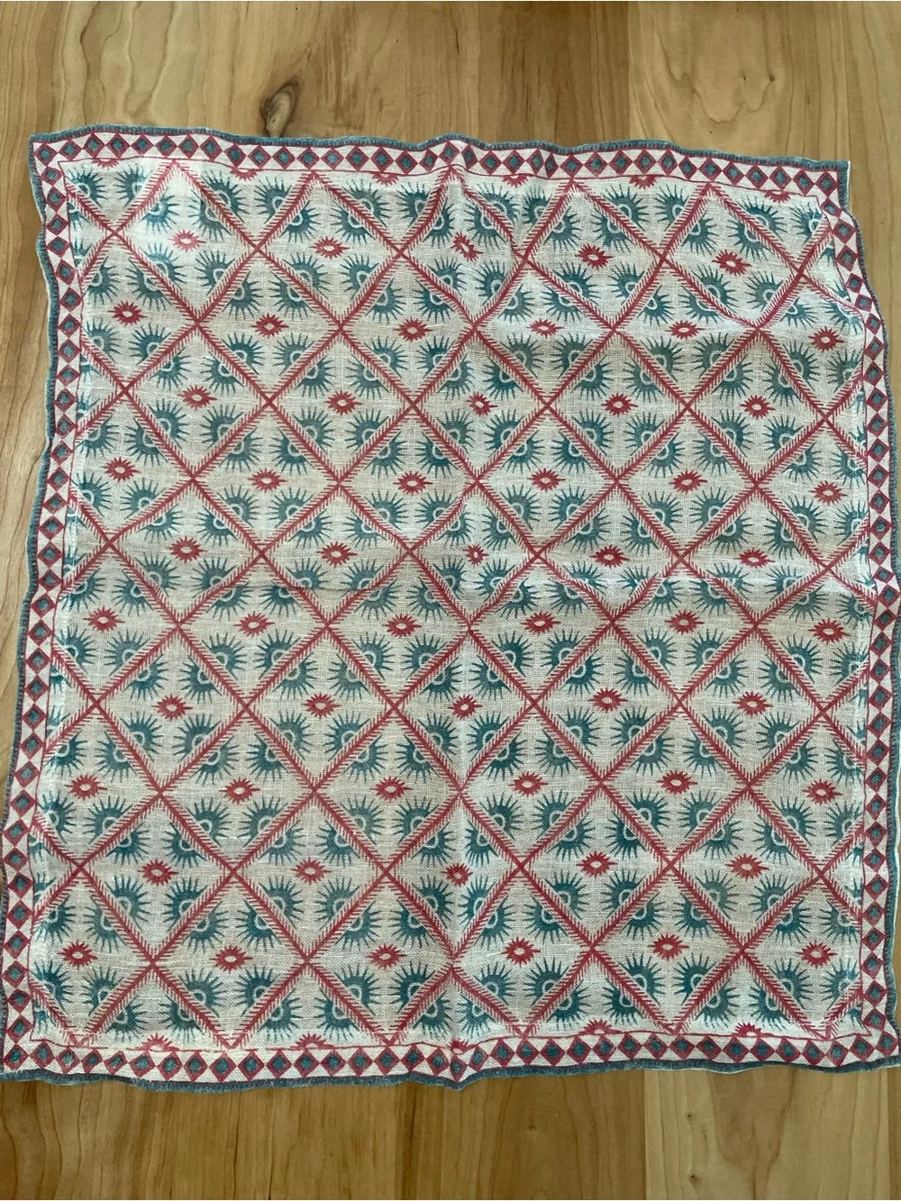 Crate And Barrel Linen Napkins Set of 6 Red Teal Hand Geometric Trellis Design